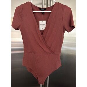 Forever 21 Rust Bodysuit Ribbed Knit Short Sleeve Wrap Front Medium‎